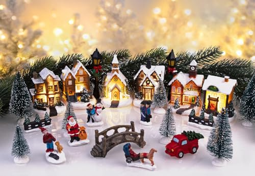 infactory Weihnachtsdeko: 25-teiliges Deko-Weihnachtsdorf mit 6 LEDs, Batteriebetrieb (Winterdorf, komplettes Weihnachtsdorf, Set)