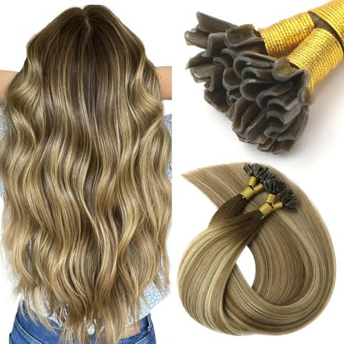 VINBAO U Tip Extensions Echthaar Bondings Ombre Echthaar Extensions Keratin Bonding 45cm 50g 50s Balayage Braun bis Blond Hot Fusion Unsichtbare 18 Zoll U Tip #3/8/22