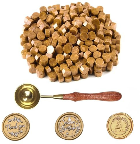 100 Stück Siegelwachs Gold, Siegelwachs Perlen mit 1 Schmelzlöffel, achteckiges Wachssiegel-Set für Stempel, für Einladungen, Umschläge, Karten, Weinpakete, Geschenkverpackungen