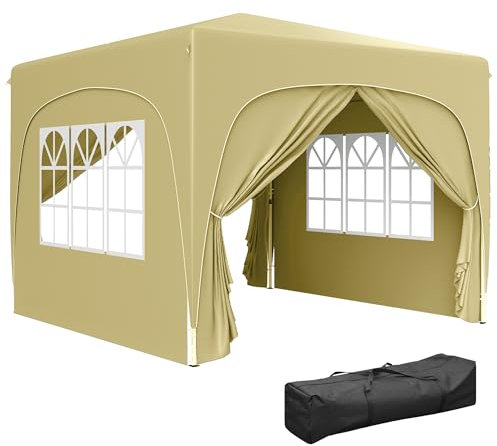 Outsunny Pavillon 3x3m, wasserabweisend Stabil Winterfest Pop-up Faltpavillon, UV Schutz 50+, Faltbar Partyzelt Gartenzelt mit 4 Seitenteilen Tasche Gartenpavillon für Camping Garten, Sand