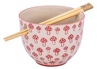 Sass & Belle Mushroom Noodle Bowl with Chopsticks - Cute Ceramic Ramen Bowl Set for Noodles, Soups or Rice – Fun Kitchen Gift Idea