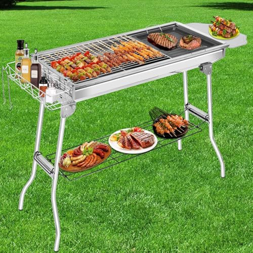 Warmfay Barbecue a carbonella in acciaio inox XXL, pieghevole, 100 x 33 x 71 cm, portatile a carbone, con padella antiaderente, prese d'aria regolabili, barbecue per campeggio, picnic, giardino, feste