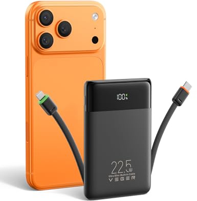 VEGER 22.5W 10000mAh Schnellladung Power Bank mit Integriertem USB-C Kabel | Klein PowerBank, Externe Handyakkus 4 Ausgänge 3 Eingänge Kompatibel mit iPhone 17 16 13 Samsung, Reise Essential, Schwarz