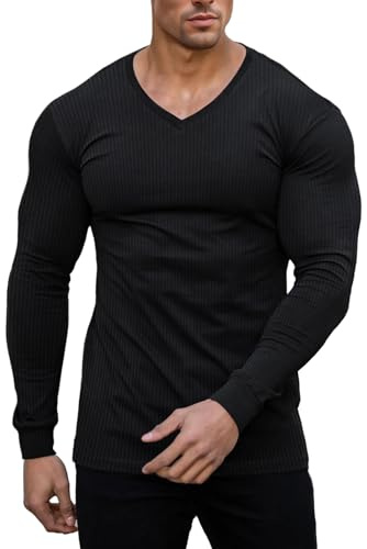 Muscle Cmdr T-Shirt Thermique à Manches Longues et col en V pour Homme, Coupe Ajustée,Décontracté,Côtelé,Léger,sous-vêtement Noir 2XL