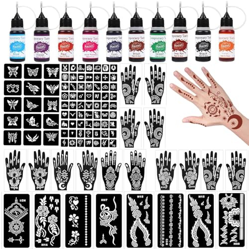 Temporary Tattoo Kit,10 Bottles Colors Temporary Tattoo Ink, 86 Temporary Stencils, 8 Gloves Stencils for Hands, (Different Sizes) Suitable for Skin Face Paint, Body Art, Party Fun