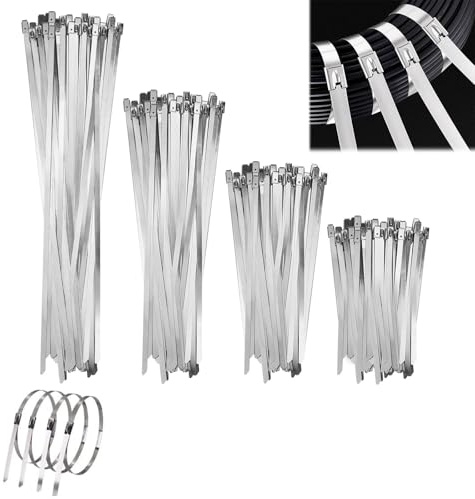 WEFHEF 200 Pcs Collier Serrage Inox 4.6 x 150/200/250/300 mm, Serre-Câbles Électriques Métallique, Attache de Câble Autobloquant, Collier Métal Serrage Argent, pour Fixation Fil Plomberie Tube Clôture