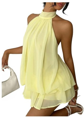 Verdusa Women's Chiffon Halter Drop Waist Flowy Wedding Guest Mini Dresses