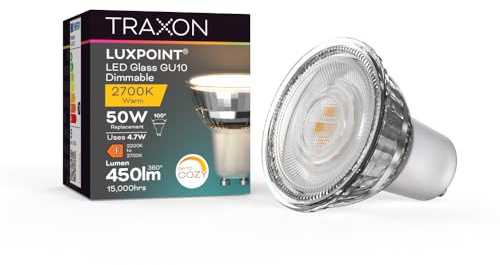 TRAXON LUXPOINT Bombilla LED GU10 Regulable, 4.7W (Equiv. 50W), 450lm, DIM TO COZY 2200-2700K, Ángulo 100°, Luz Cálida Ajustable (4.7W Pack 10 und)