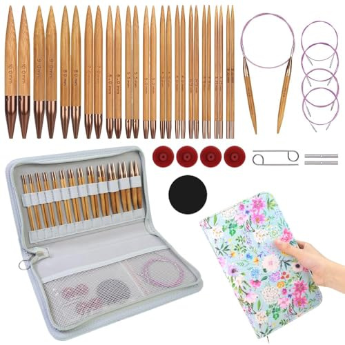 Yarniss Austauschbare Stricknadeln Set, 13 Paar Rundstricknadeln Set Bambus Stricknadeln mit Etui | 13 Paar austauschbare Stricknadeln mit Etui, 10,2 cm Rundstricknadeln, US-Größe 2,5 ~ 15