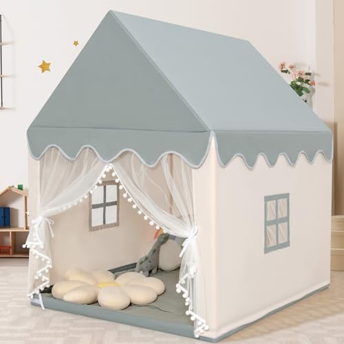 COSTWAY Kids Play Tent, Wood Frame Large Playhouse with Washable Mat and Windows, Indoor Outdoor Castle Fairy Tents for Boys Girls (Beige+Grey)