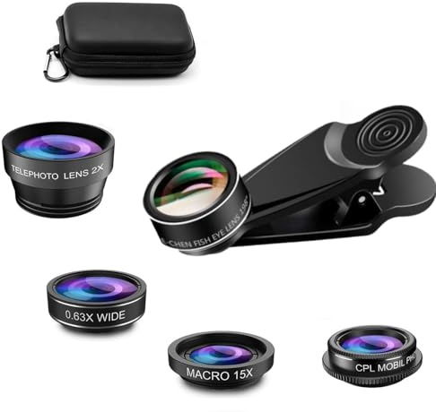 Bailonda 5 en 1 objectifs pour téléphones Portables, Objectif Telephone Portable,Objectif Fisheye 198°,Objectif Macro 15X+ Grand Angle 0.63,CPL/2X Téléobjectif pour la Plupart des Smartphones