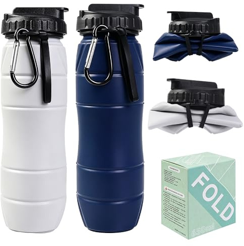 KUWUNG 2 Stück Faltbare Wasserflasche, 650ml Silikon Faltbare Trinkflasche, BPA Frei, Auslaufsicher Tragbare Reise Faltflasche mit Karabiner für Outdoor, Sport, Camping, Reisen und Fitness