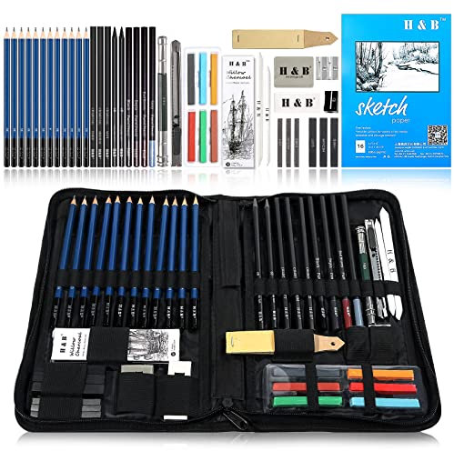 H & B Sketch Set di matite per artisti Kit da disegno in caso di cerniera con pad da disegno, tutti i materiali vari e materiali d'arte per la tua pittura (48 pezzi Advanced Pack).