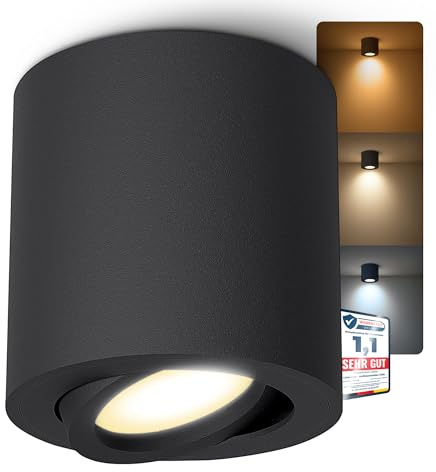 linovum CORI Aufbauspot schwarz schwenkbar GU10 6W 3 Lichtfarben inkl LED | Schwenkbarer Deckenspot schwarz - 30° neigbar, warm / neutral / kalt, für Schlafzimmer, Wohnzimmer & Büro, inkl. GU10 LED