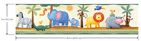 RoomMates RMK4396BD Selbstklebender Bordüre Dschungel, Vinyl, Gelb, Blau und Grün, 12,7 cm x 4,57 m