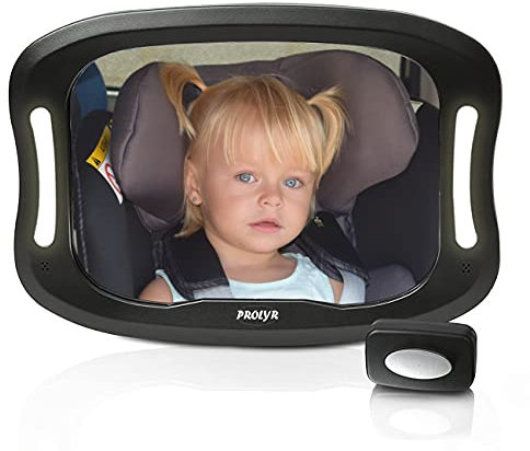 Prolyr Baby Auto Rückspiegel LED - Rücksitzspiegel für Baby Auto, LED Licht, Sicher, Unzerbrechlich, Fernbedienung, Einfache Installation, Universell, 360° Drehung, Neues Design (Schwarz)