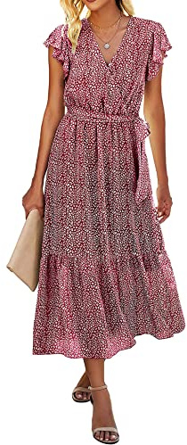 Sevetat Lång, bohemisk chiffongklänning med bälte, sommarklänning, festklänning, elegant, V-ringad maxiklänning blommig aftonklänning med volanger, fin som strandklänning/cocktailklänning, röd, S