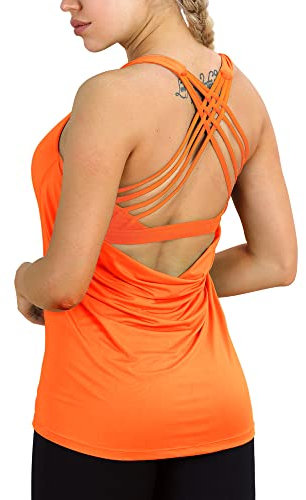 icyzone Damen Sport Tops mit Integriertem BH - 2 in 1 Yoga Gym Shirt Fitness Training Tanktop (M, Neon Orange)