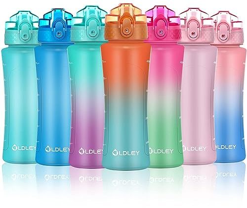 OLDLEY 450ml/15oz Water Bottle with Straw Reusable Drink Bottles with Times Markings for School Home Camping Outdoor Sports BPA Free Leakproof Durable