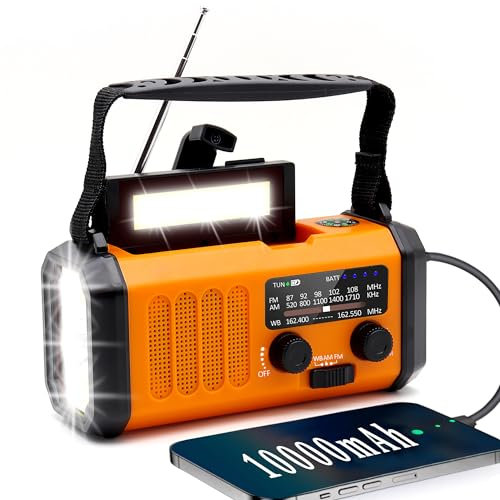 NOAA Radio météo d'urgence 48100 mWh, radio solaire à manivelle, radio AM/FM/NOAA portable avec lampe de poche à manivelle 700 lm, lampe de lecture, boussole, SOS pour ouragan, tempête, kit de survie