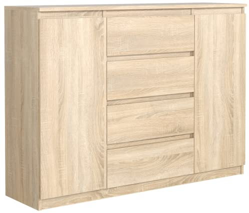 meble masztalerz Kommode Eiche-Sonoma mit 4 Schubladen und 2 Türen 120 cm, Sideboard Wohnzimmer, Schlafzimmer H: 101,5 cm, B: 120,4 cm, T: 39 cm, Kommode mit Schubladen, Schubladenschrank