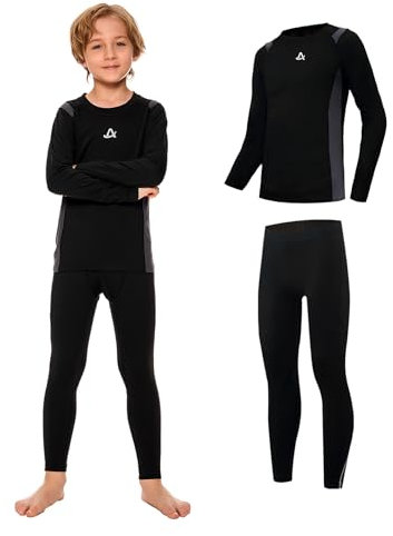 AMZSPORT Thermounterwäsche für Kinder, Skiunterwäsche und Funktionsunterwäsche für Fussball und Training im Winter, Thermowäsche für Mädchen und Jungen, Warm und Bequem, Schwarz M