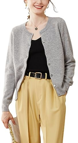 Valin Damen Kaschmir&Wolle Strickjacke Hellgrau Rundhals Langarm Cardigan Einfarbige Relaxed Dünner Kaschmir Strickjacke,42,VSP1201