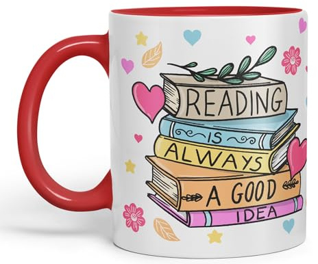 Vixar Taza de cerámica de colores con texto en inglés Reading is Always a Good Idea, 330 ml, para trabajo, oficina, té, café (rojo)