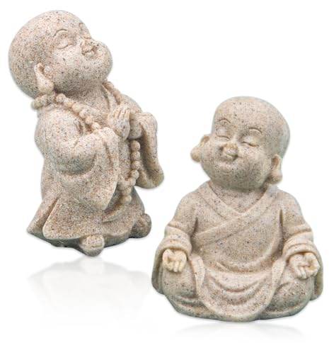 ZORZA 2Pcs Mini Maitreya Buddha Statue Cute Laughing Buddha Figurine Sandstone Zen Decoration Accessory for Home Car Dashboard and Desktop