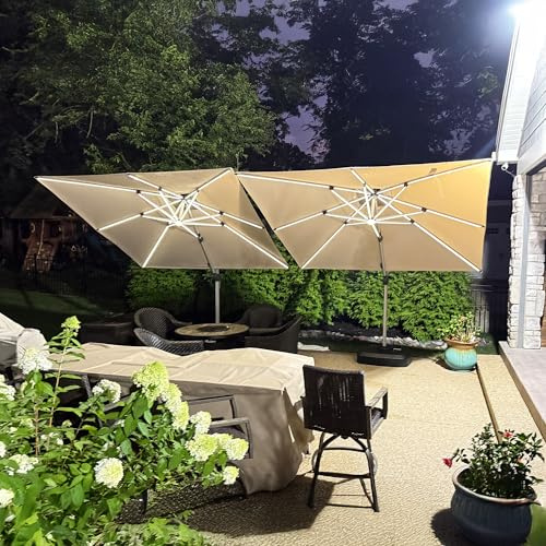PURPLE LEAF Sonnenschirm 365 x 365 cm LED Beleuchtung Groß Drehbarer, Beige | 8 LED-Schirmstreben für Lange Abende, XL-Schatten, Aluguss-Griff, Einfaches Öffnen, Rostfreier Alurahmen, Ampelschirm