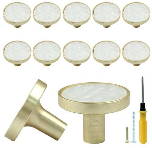 Bonsicoky 12 pomos dorados para cajones de cómoda, tiradores redondos para gabinetes de cocina, armarios, puertas, muebles, decoración, color blanco | Para armario de cocina, puerta de armario, muebles decorativos