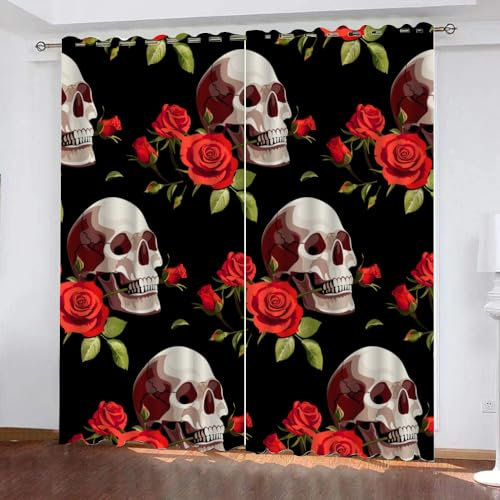 GIOVIA 3D Rose Totenkopf Vorhänge Abdunkelnde Blumen Schädel Kindervorhänge Vorhang mit ösen 2er Set Gardinen Blickdicht Verdunkelungs für Kinderzimmer Schlafzimmer Wohnzimmer B 150 X H 166 cm