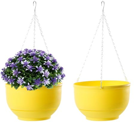 YuanDiann 2er Pack Hängende Blumentöpfe mit Abnehmbarem Tablett, Selbstabsorbierende Blumentopfkorb Plastik Hängepflanze Außen Innen Blumenampel Garten Dekoration Gelb 30cm