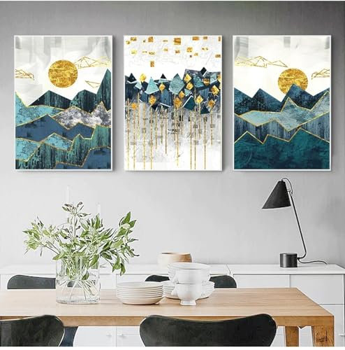NXMYDBD Nordische abstrakte geometrische Berglandschaft, Wandkunst, Leinwandgemälde, goldene Sonne, Kunstdruck, Wandbild für Wohnzimmer, 70x90cm (28x35 Zoll) x3, ungerahmt