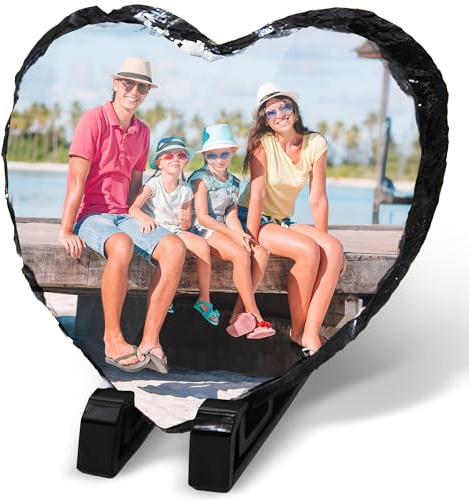 Personalisierte Fotoschiefer, 15 x 15 cm, herzförmige Steinschieferbilder, glänzender Druck & vollfarbiges Finish, personalisierte Bild-Geschenke aus Naturfelsschiefer mit geschnitzten Kanten für