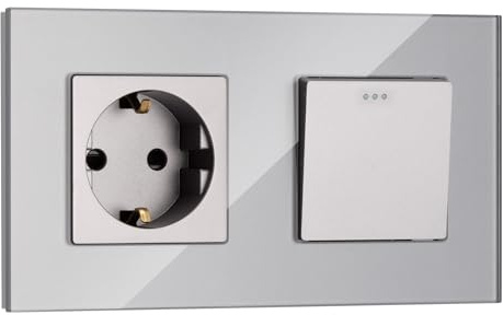 Navaris Enchufe con marco de cristal - Cubierta de 15.5 x 8.5 CM para empotrar en pared - Placa doble de vidrio para enchufes Schuko tipo F - Gris
