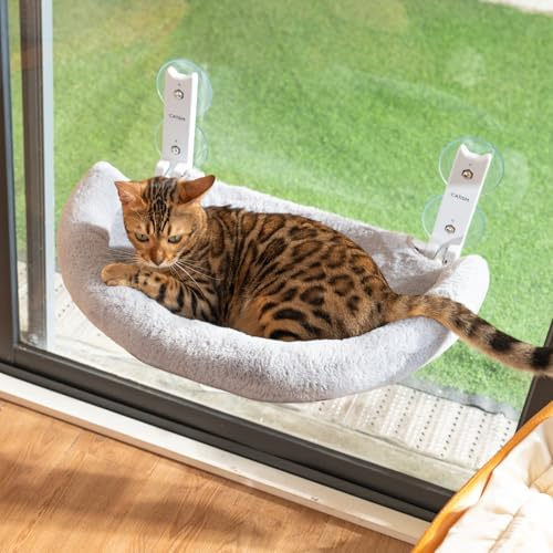 CATISM Hamaca Gato Ventana con Cojín, Semicircular, Resistente, Almohadilla de Tela Lavable de Doble Cara, Gris