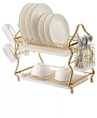 2-Tier Large Dish Drainer Rack with Drip Tray – Stainless Steel Kitchen Dish Rack for Bowls, Plates & Cutlery, Utensil Holder Space Saving Stylish Kitchen Accessories Rack (Bright Gold)