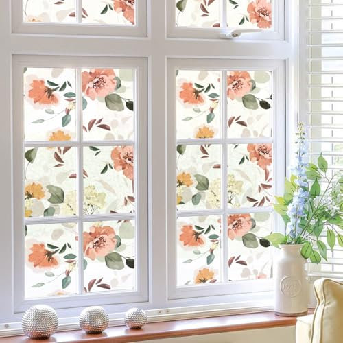 Milchglasfolie Rosa Pfingstrose Grün Fensterfolie Selbstklebend Milchglasfolie Fenster Bad Fenster Sichtschutzfolie Fensterfolie Blickdicht Folie für Fenster Folie Fenster Sichtschutz 40x120cm/3 Pcs