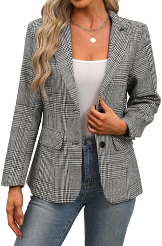 ELLEVEN Womens Casual Plaid Blazer Lapel Collar Double Button Long Sleeve Boyfriend Blazer Suit Houndstooth Plaid Blazer Jacket Business Work Office Blazer Suits Black Plaid Medium
