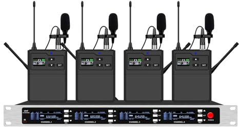 4 Channel Wireless Lavalier Lav Microphone Set True Diversity Pro Audio Recording Stage Vocal Singing Karaoke Church School Performance 4 Handheld, 19 Inch Rack Mountable, Black