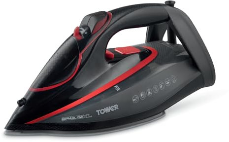 Tower T22034RED Steam Iron with Ceraglide XL Ceramic Soleplate, AI One Temp Technology, Anti-Drip & Anti-Calc, 350ml Water Tank, 3100W, Red & Black