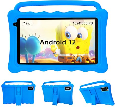 BYYBUO 7 inch Kids Tablet, Android 12 Tablets for Kids with Case, 32GB | Toddler Tablet with WiFi, Kids Software Pre-Installed, Dual Camera (Light Blue)