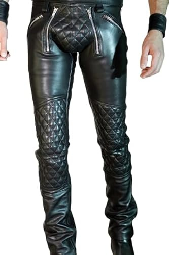 Herren Motorradjeans aus echtem weichem Schafsleder, gesteppt, schmale Passform, Bikerhose zum Reiten, stilvolle und bequeme Hose, Schwarz , 42 W/30 L