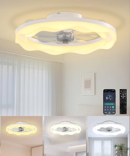 JAYNLT Ventiladores de Techo con Luces y Control Remoto, 50CM Diameter Ventilador LED Regulable 3000K-6500K, Control Remoto por APP, 6 Velocidades de Viento para Dormitorios Salón-Blanc（100–240V）