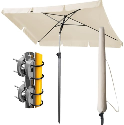 Menz Sonnenschirm Balkon - 4-IN-1 Sonnenschutz Balkon SET in Beige, UPF 50+ Sonnenschirm rechteckig 200 x 125cm + 2er Sonnenschirmhalter Balkongeländer + Schirmhülle für Balkon, Garten & Terrasse