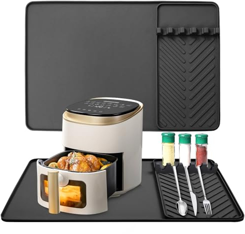 HA BIN Hitzebeständige Unterlage, 50x30CM Kaffeemaschine Abtropfmatte aus Silikon, abtropfmatte geschirr, 2-in-1 Silikon Matte, Rutschfeste,wasserdicht Trockenmatte für Kaffeemaschine, Küche (Schwarz)