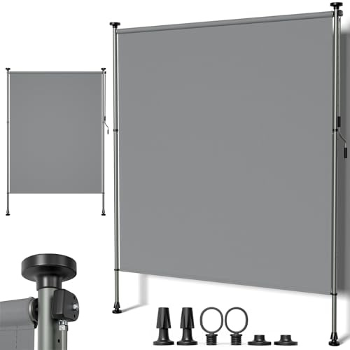 UDPATIO Klemmmarkise Senkrechtmarkise Außen ohne Bohren, 150x310cm Balkon Sichtschutz & Sonnenschutz, Alu Markise mit Handkurbel, Vertikalmarkise (280g/m²) für Terrasse & Garten, Grau Wasserdicht