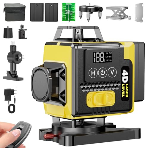 Nivel Láser 4D Verde 16 Líneas (4x360°) – Láser de obra autonivelante, Pantalla LED de batería, Modo pulso para exteriores, 2 baterías de 2400 mAh, Mando a distancia y Bolsa de transporte