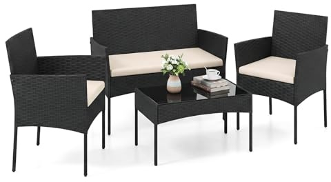 COSTWAY Rattan Gartenmöbel Set, Outdoor Lounge Möbel, Balkonmöbel Kleiner Balkon, Sitzgruppe mit 2 Stühlen, Bank, Tisch & Kissen, Sitzgarnitur, Terrassenmöbel, Gartengarnitur (Beige)